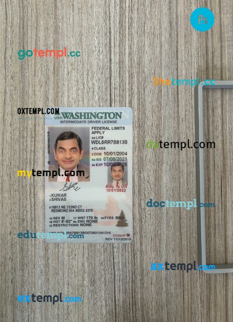 USA Washington under 21 intermediate driving license PSD files, scan look and photographed image, 2 in 1