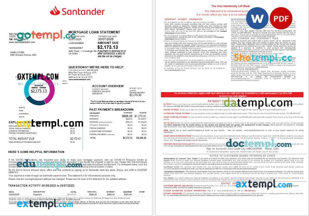 USA Santander Bank mortgage loan statement in Word and PDF formats, 4 pages USA Santander Bank mortgage loan statement in Word and PDF formats, 4 pages