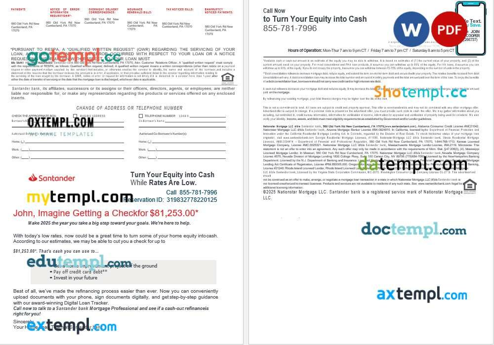 USA Santander Bank mortgage loan statement in Word and PDF formats, 4 pages USA Santander Bank mortgage loan statement in Word and PDF formats, 4 pages