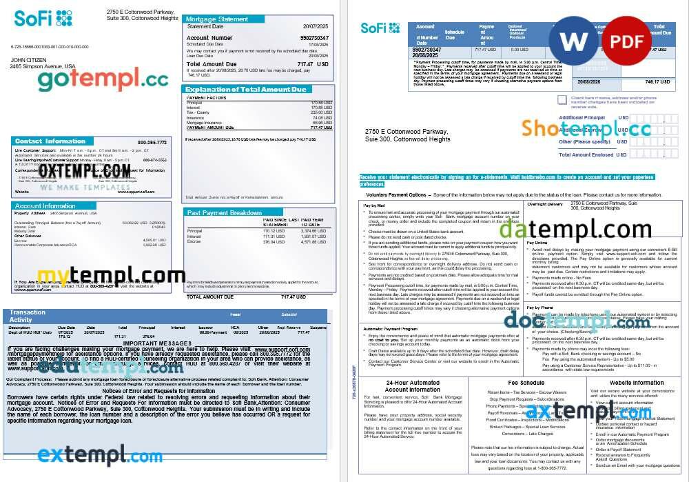 USA Sofi bank mortgage statement in Word and PDF formats, 3 pages USA Sofi bank mortgage statement in Word and PDF formats, 3 pages
