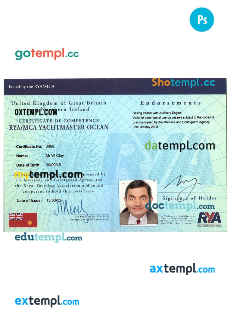 United Kingdom certificate of competence template in PSD format