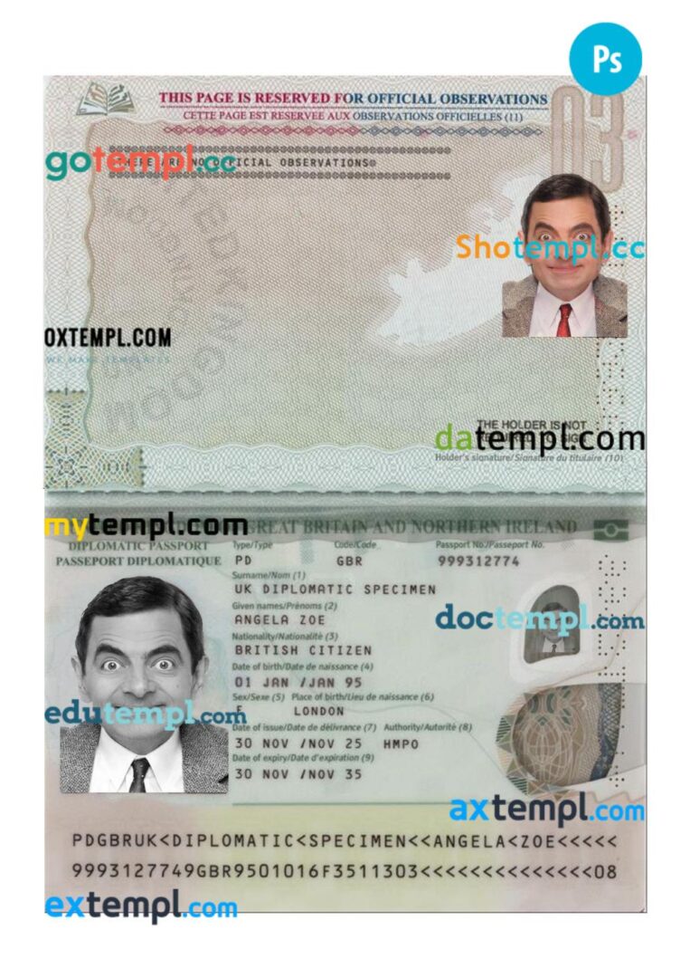 United Kingdom diplomatic passport PSD template, 2025-present United Kingdom diplomatic passport PSD template, 2025-present