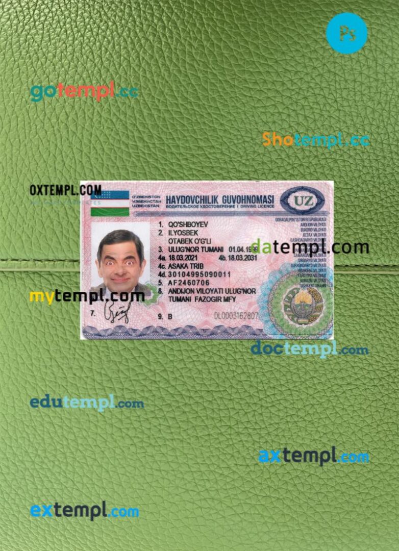 Uzbekistan driving license PSD files, scan look and photographed image, 2 in 1, 2021-present Uzbekistan driving license PSD files, scan look and photographed image, 2 in 1, 2021-present