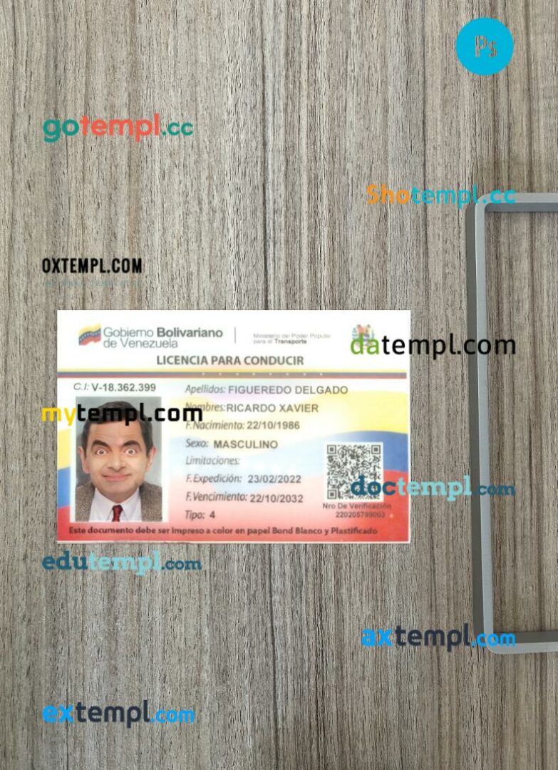 Venezuela driving license PSD files, scan look and photographed image, 2 in 1, 2022-present