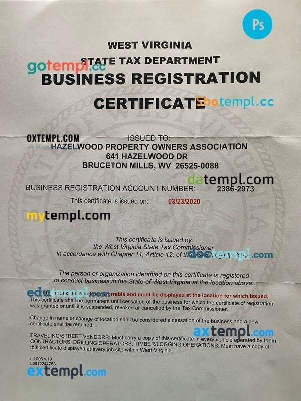 West Virginia business registration certificate PSD template West Virginia business registration certificate PSD template