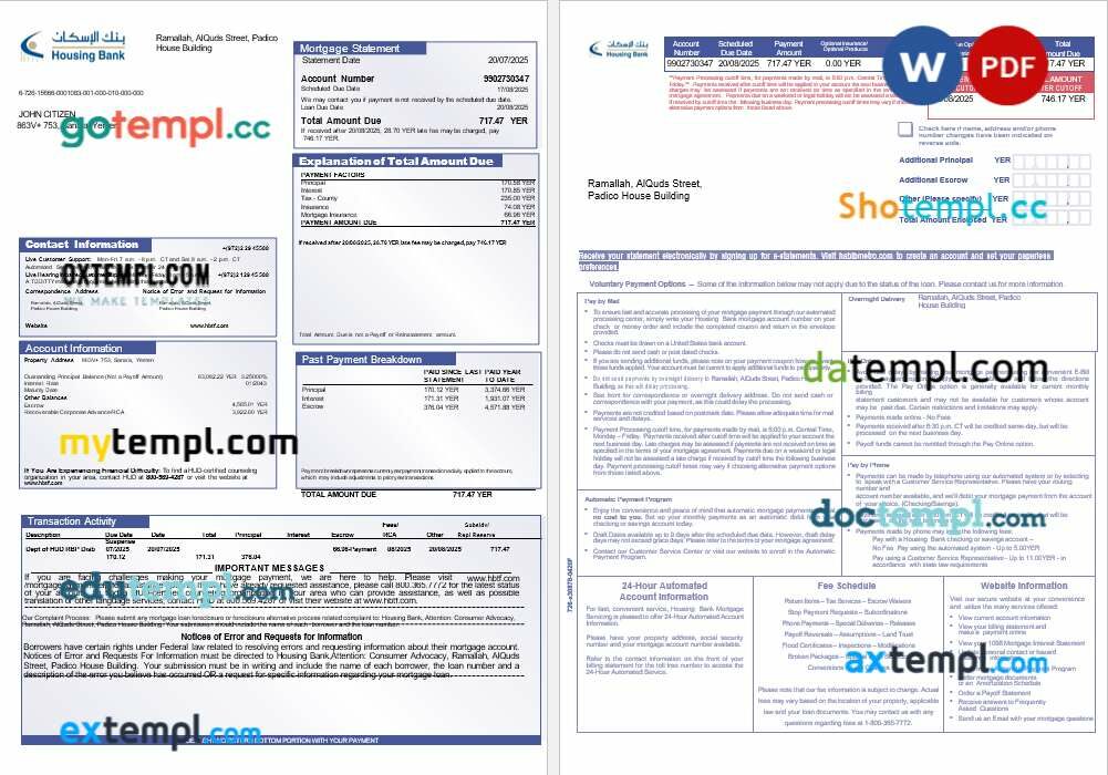 Yemeni Housing Bank mortgage statement in Word and PDF formats, 3 pages Yemeni Housing Bank mortgage statement in Word and PDF formats, 3 pages
