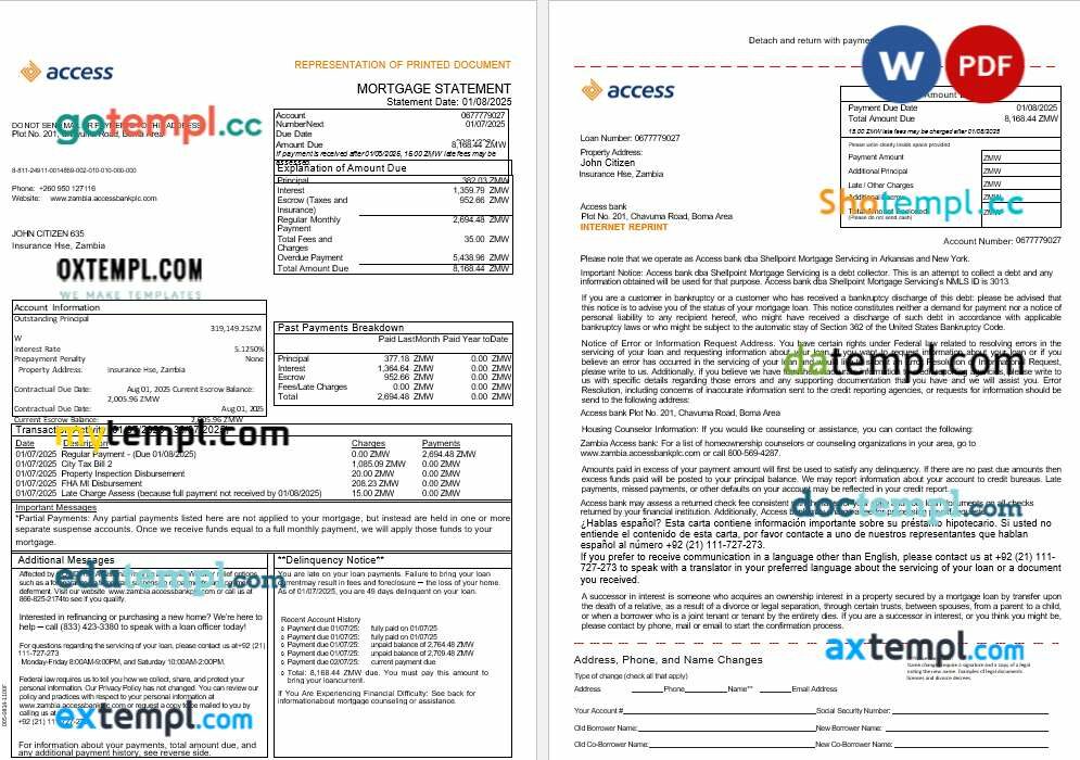 Zambia Access bank mortgage statement in Word and PDF formats, 3 pages Zambia Access bank mortgage statement in Word and PDF formats, 3 pages