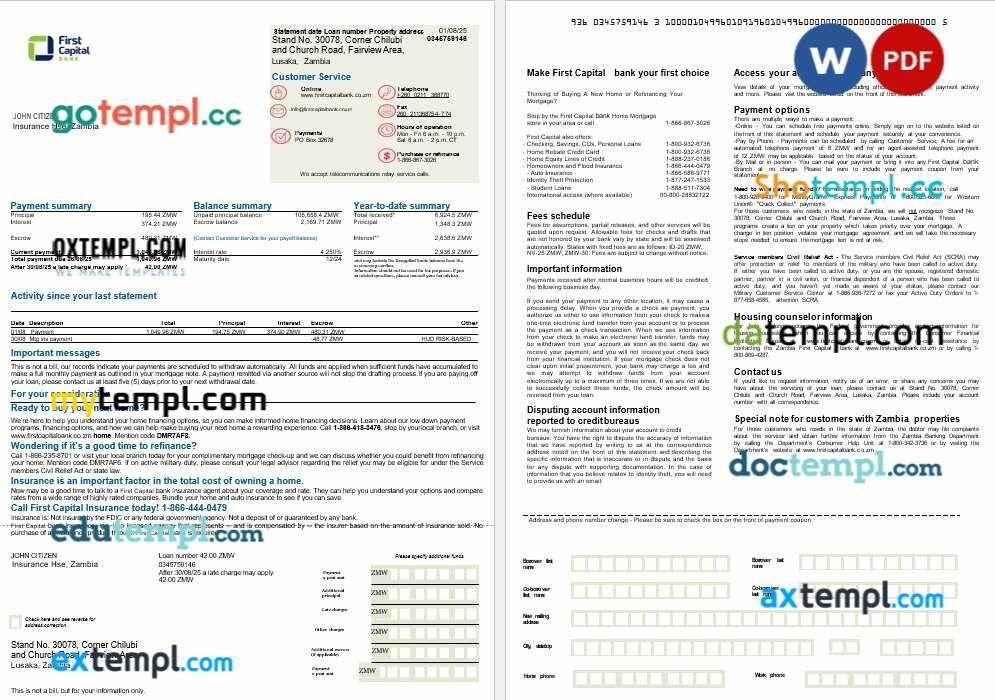 Zambia First Capital Bank mortgage statement in Word and PDF formats, 2 pages Zambia First Capital Bank mortgage statement in Word and PDF formats, 2 pages
