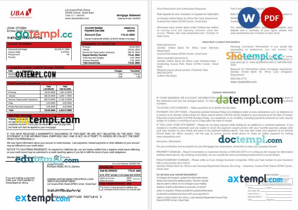 Zambia United Bank for Africa bank mortgage statement in Word and PDF formats Zambia United Bank for Africa bank mortgage statement in Word and PDF formats