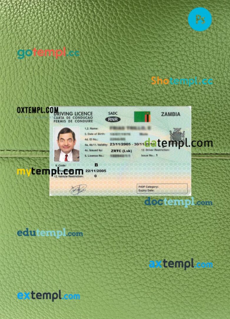 Zambia driving license PSD files, scan look and photographed image, 2 in 1, version 2 Zambia driving license PSD files, scan look and photographed image, 2 in 1, version 2