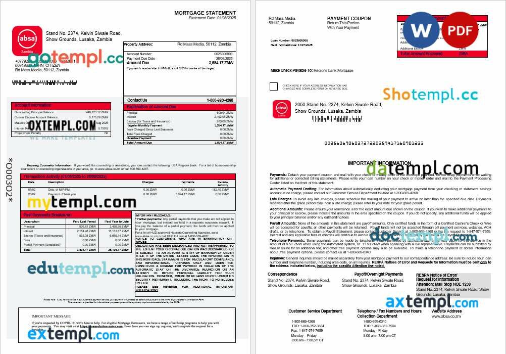 Zambian Absa bank mortgage statement in Word and PDF formats Zambian Absa bank mortgage statement in Word and PDF formats