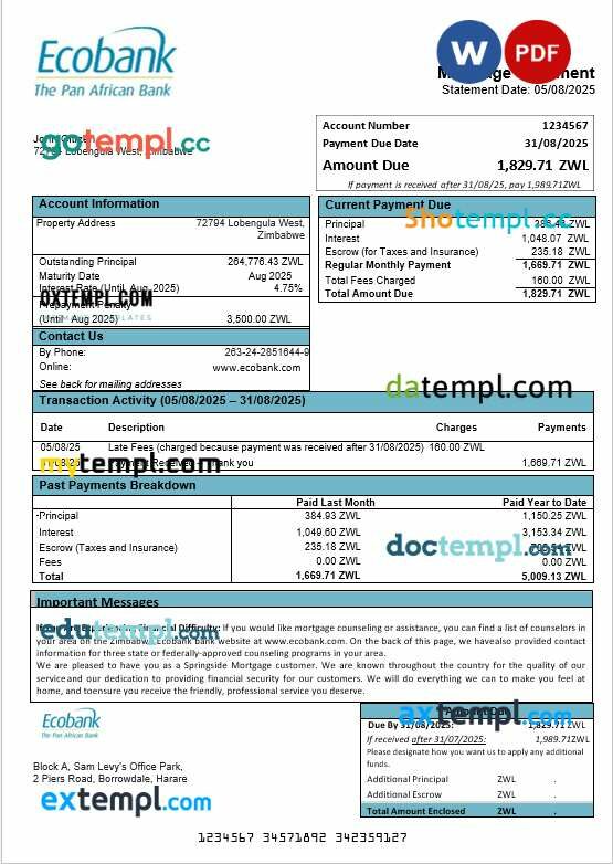 Zimbabwe Ecobank bank mortgage statement in Word and PDF formats Zimbabwe Ecobank bank mortgage statement in Word and PDF formats