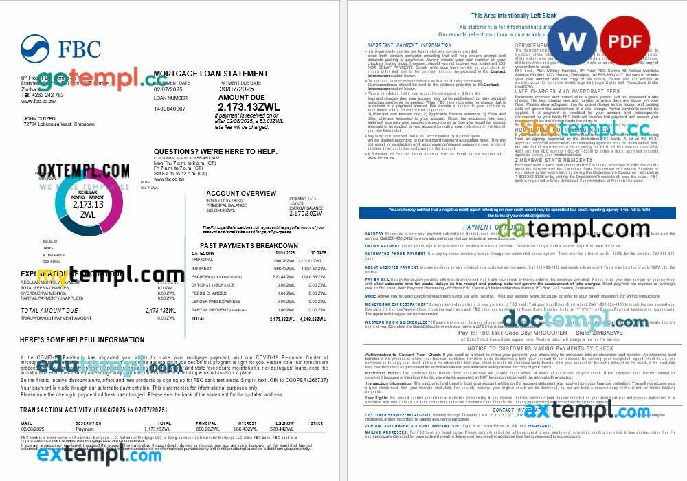 Zimbabwe FBC Bank mortgage loan statement in Word and PDF formats, 4 pages Zimbabwe FBC Bank mortgage loan statement in Word and PDF formats, 4 pages