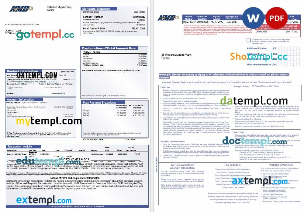 Zimbabwe NMB Bank mortgage statement in Word and PDF formats, 3 pages Zimbabwe NMB Bank mortgage statement in Word and PDF formats, 3 pages