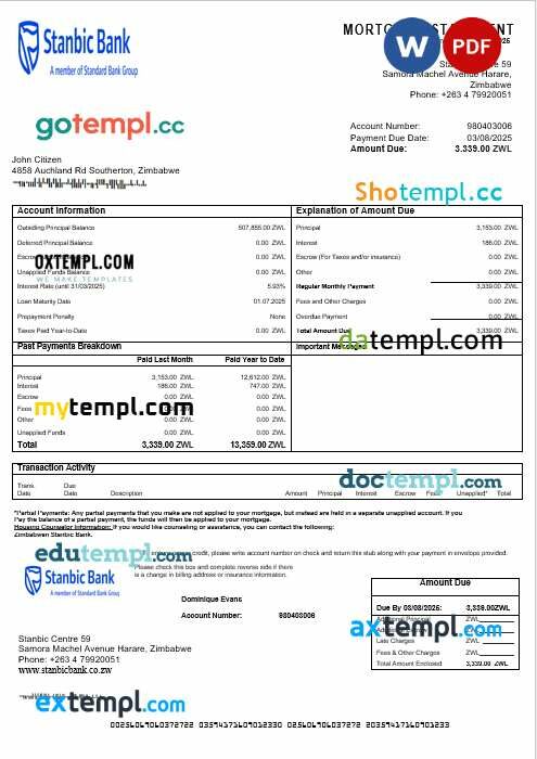 Zimbabwean Stanbic Bank mortgage statement in Word and PDF formats Zimbabwean Stanbic Bank mortgage statement in Word and PDF formats