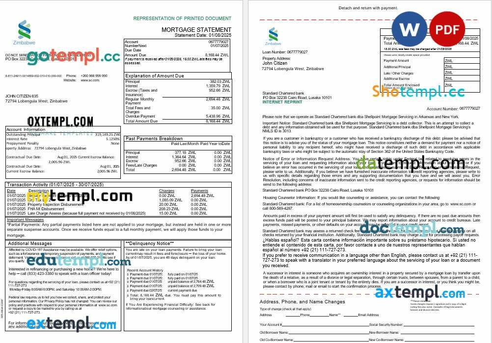 Zimbabwean Standard Chartered Bank mortgage statement in Word and PDF formats, 3 pages Zimbabwean Standard Chartered Bank mortgage statement in Word and PDF formats, 3 pages